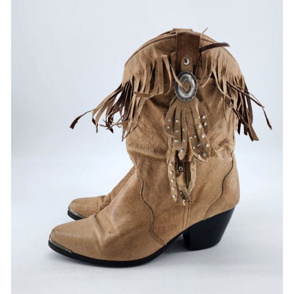 Dingo Women's Pull On Fringe Studded Western Cowgirl Boots Tan Leather Size 6.5M - Picture 3 of 10